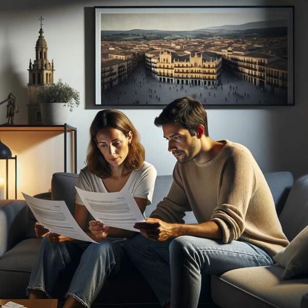 Una pareja de aproximadamente 33 años sentada en el salón de su casa revisando documentos sobre presupuestos y precios del Seguro de Decesos. La habitación está bien iluminada, con decoración contemporánea. En la pared hay una fotografía panorámica de la Plaza Mayor de Salamanca, sugiriendo que viven en esta ciudad. La pareja se muestra concentrada en los papeles, con una expresión seria y reflexiva. El ambiente es acogedor y cálido, con tonos neutros y suaves en la decoración.